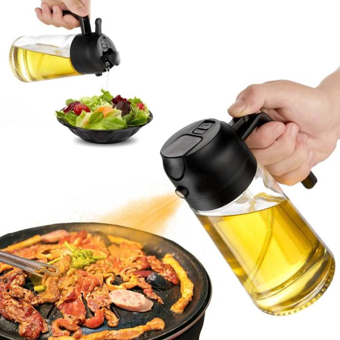 2-in-1 Oil Sprayer and Pourer Bottle – 500mL Refillable Plastic Dispenser