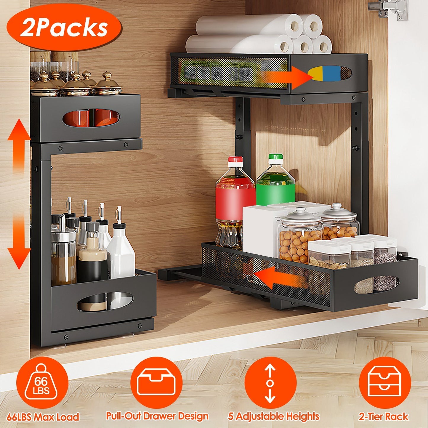 Under Sink Organizer 2-Tier Pull-Out Storage Rack with Adjustable Mesh Baskets (2 Pack)
