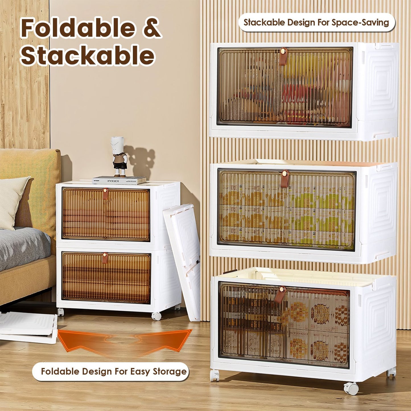 Foldable Storage Bins with Magnetic Door & Wheels