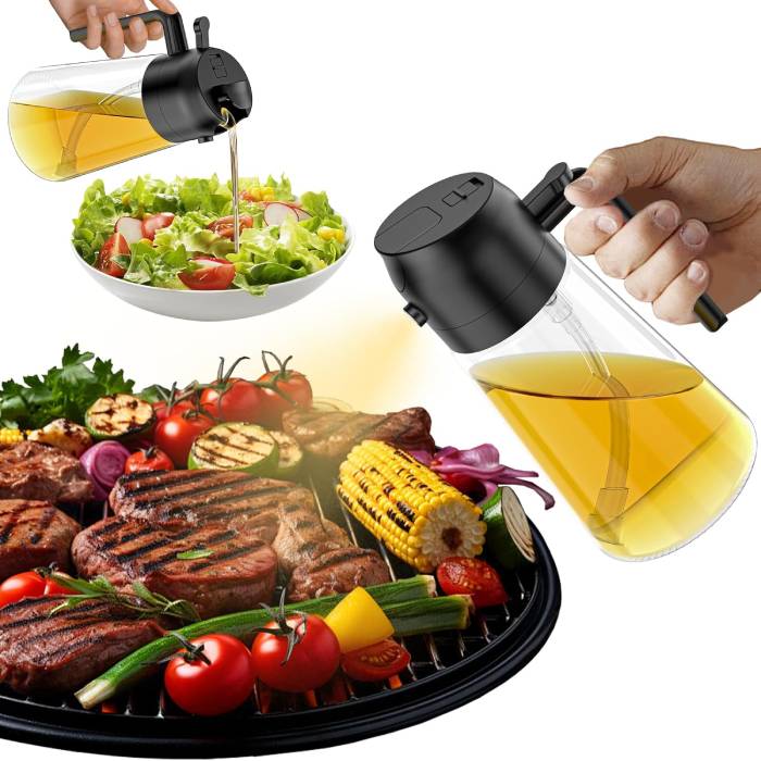 2-in-1 Oil Sprayer and Pourer Bottle – 500mL Refillable Plastic Dispenser