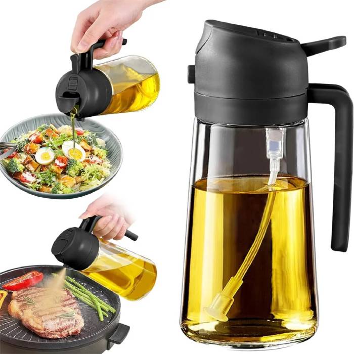 2-in-1 Oil Sprayer and Pourer Bottle – 500mL Refillable Plastic Dispenser