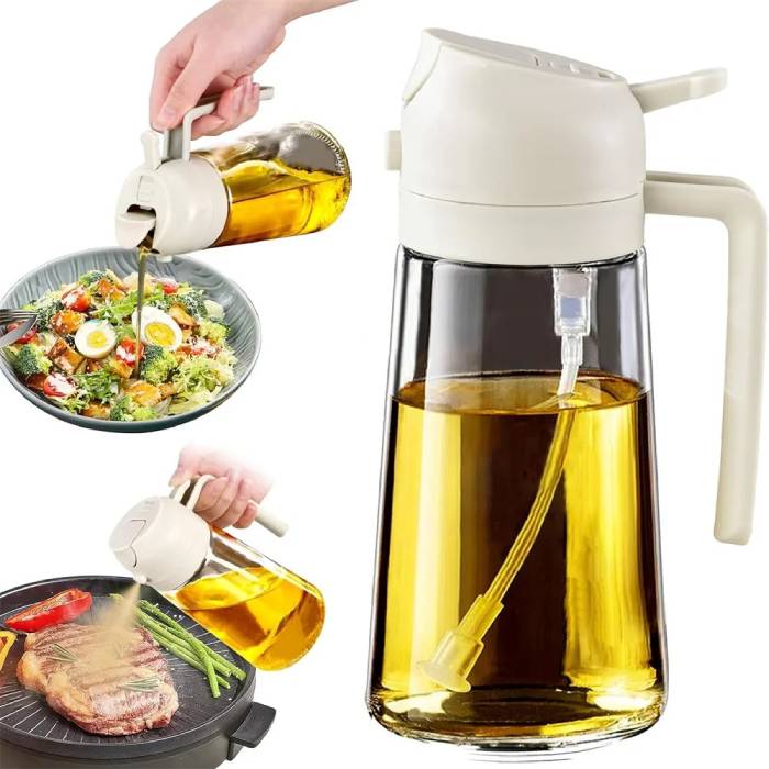 2-in-1 Oil Sprayer and Pourer Bottle – 500mL Refillable Plastic Dispenser