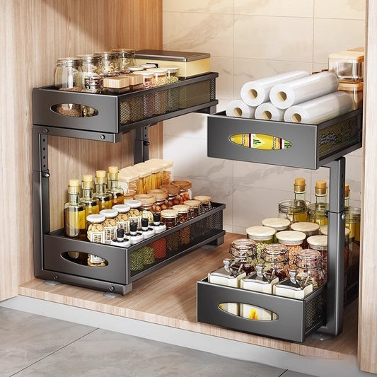 Pull-out Double-layer Lath Drawer Kitchen Cabinet Spice Jar Pull-out Basket Retractable Storage Rack